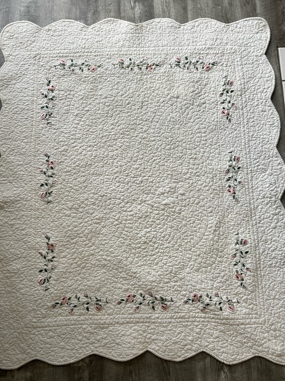 Vintage White Embroidered Child Baby Quilt - Flora - Handmade